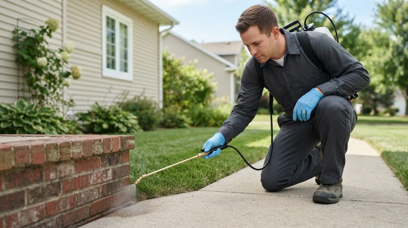 Pest control technician treating a home near Olcott, NY