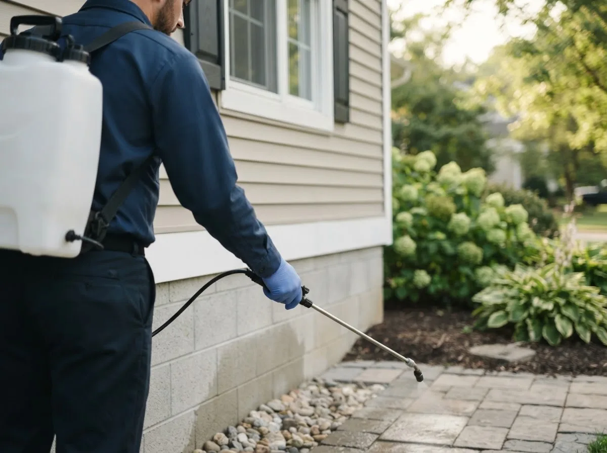 Pest control technician inspecting a home in Olcott, NY